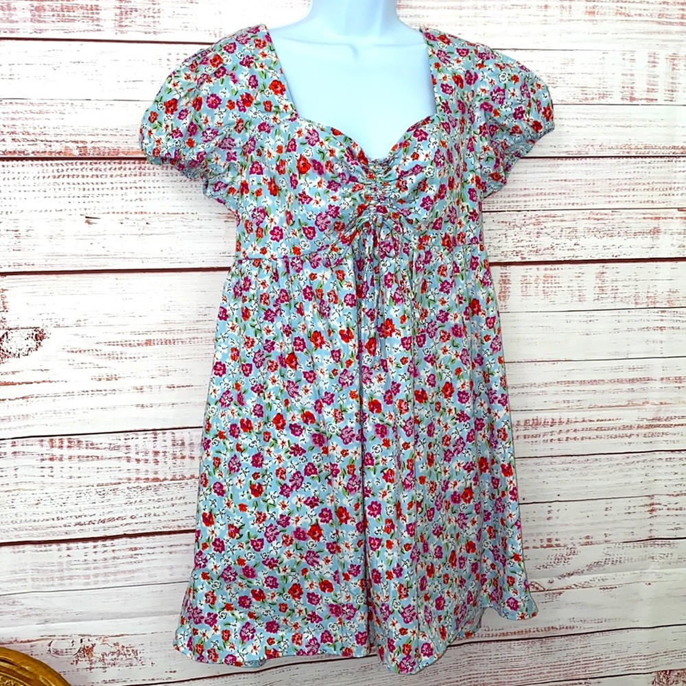 Juniors' Floral Print Cap Slightly Puff  Sleeve Dress
